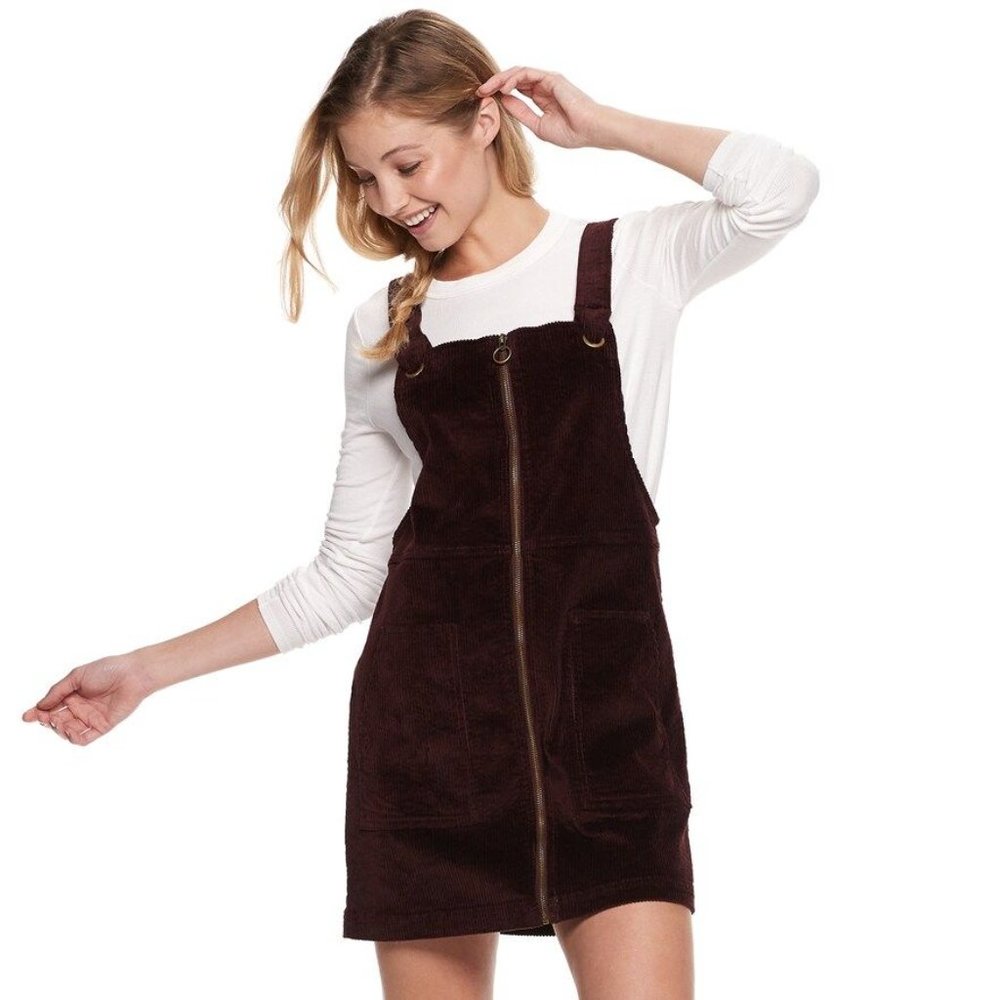 Zip-front Cord Pinafore Jumper Dress